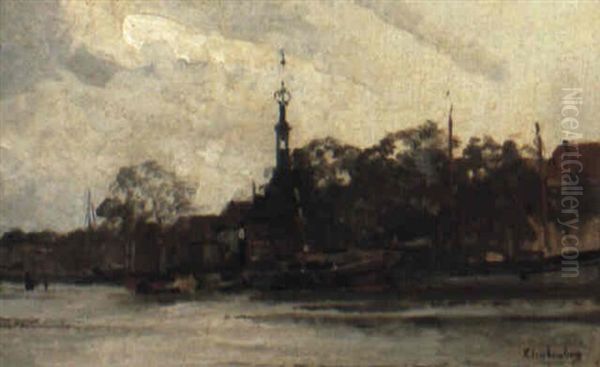 Harbor Oil Painting by Johannes Christiaan Karel Klinkenberg