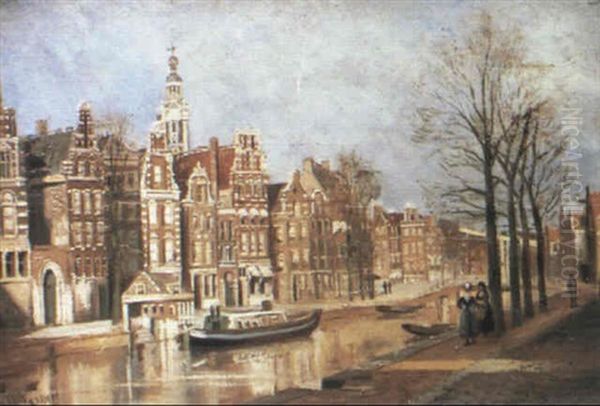 Along A City Canal Oil Painting by Johannes Christiaan Karel Klinkenberg