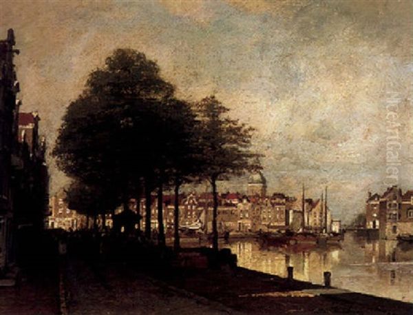 Figures On A Quay In A Dutch Town by Johannes Christiaan Karel Klinkenberg