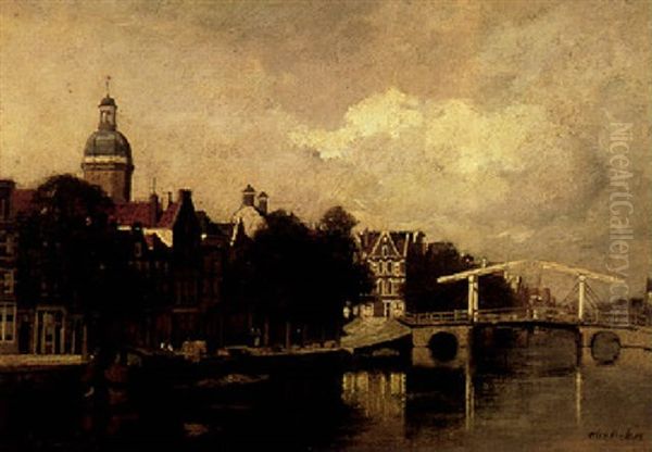 A View Of A Canal In A Dutch Town Oil Painting by Johannes Christiaan Karel Klinkenberg