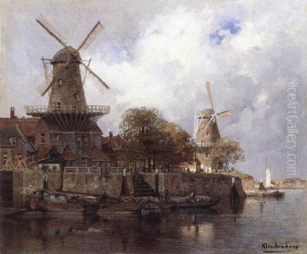 A View Of A Dutch Town With Barges Moored Beside The Harbour Wall Oil Painting by Johannes Christiaan Karel Klinkenberg