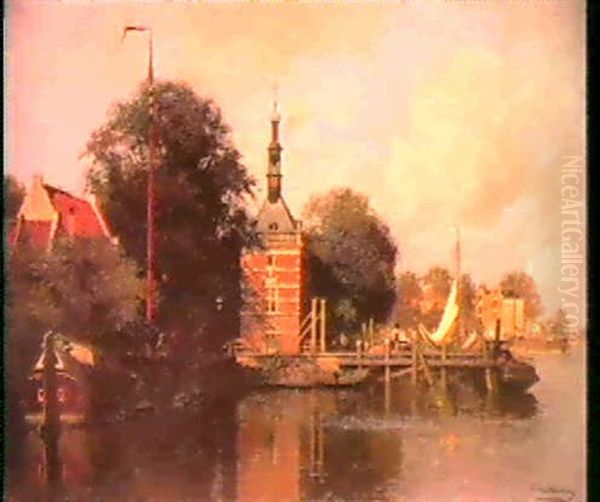 A View Of The Pierkade, Alk- Maar, With The `accijnstoren'  And Moored Sailing Vessels By A Jetty. Oil Painting by Johannes Christiaan Karel Klinkenberg