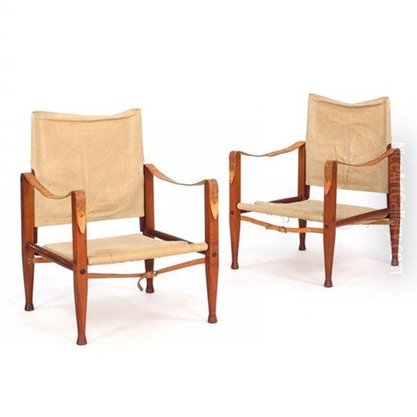 A Pair Of Safari Chairs With Stained Ash Frame Oil Painting by Kaare Klint