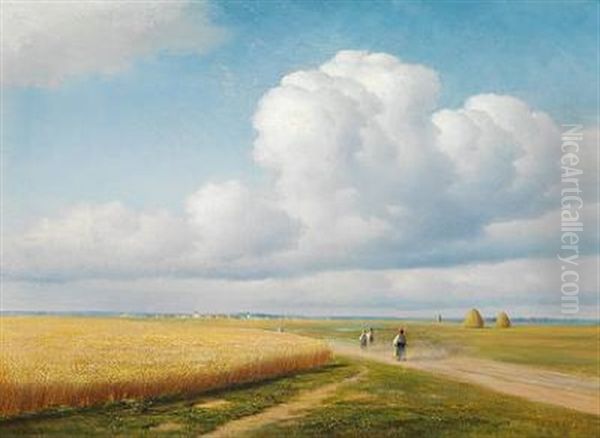 Russian Harvest Landscape With Women On The Road Returning To The Village In The The Background Oil Painting by Mikhail Konstantinovich Klodt von Jurgensburg