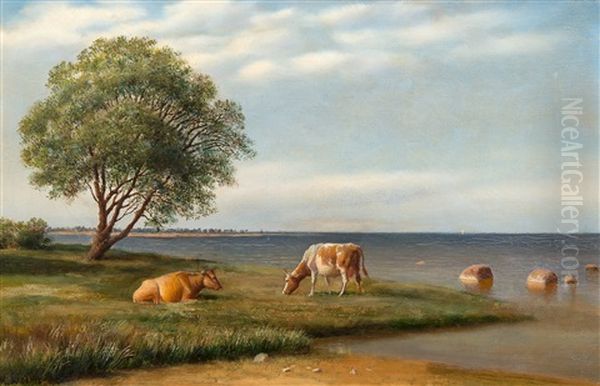 Cows By The Shore Oil Painting by Mikhail Konstantinovich Klodt von Jurgensburg