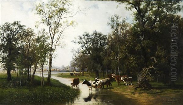 Cattle At A Creek Oil Painting by Mikhail Konstantinovich Klodt von Jurgensburg