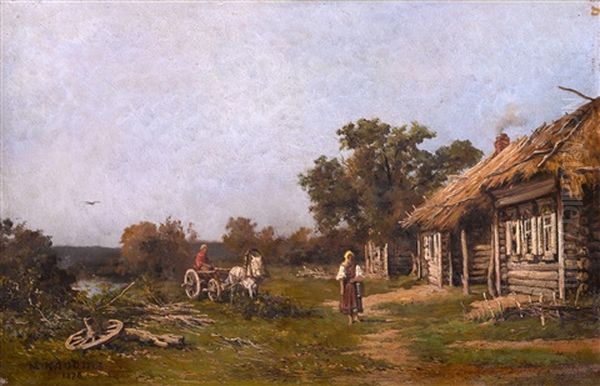 Farm Scene Oil Painting by Mikhail Petrovich (Baron) Klodt von Jurgensburg