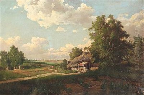 Russian Summer Landscape With A Hut, In The Background A Larger City Oil Painting by Mikhail Petrovich (Baron) Klodt von Jurgensburg