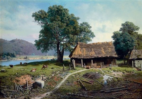 A Riverside Farm Oil Painting by Mikhail Petrovich (Baron) Klodt von Jurgensburg