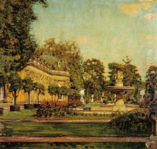 Auf Der Sommerlichen Terasse Von Schlos Sanssouci In Potsdam Oil Painting by Hans Klohss