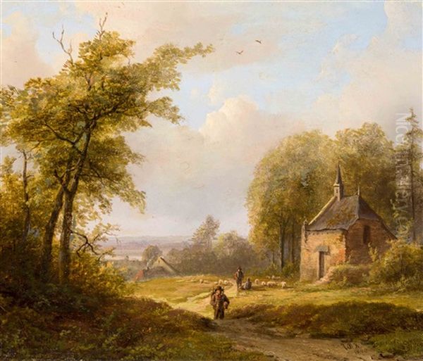 Travellers And Shepherds Nearby A Chapel In The Surroundings Of Kleve Oil Painting by Johann Bernard Klombeck