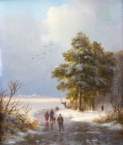 A View Of A Rhine Landscape In Summer; Ice Skaters On A Frozen River Oil Painting by Johann Bernard Klombeck