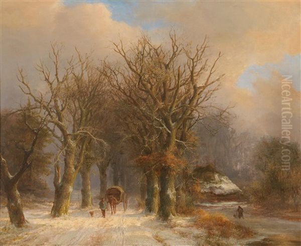 Winter Landscape With Horse And Cart Oil Painting by Johann Bernard Klombeck