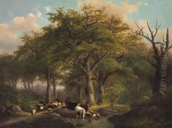 Forest Landscape With Herdsmen, Sheep And Cattle Oil Painting by Johann Bernard Klombeck