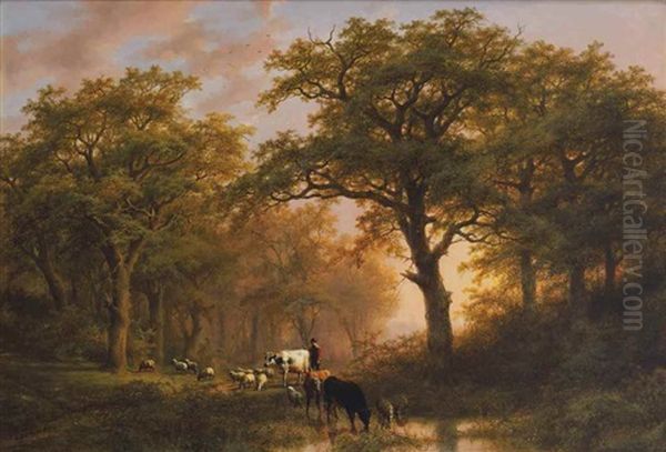 A Summer Landscape With Cattle Oil Painting by Johann Bernard Klombeck