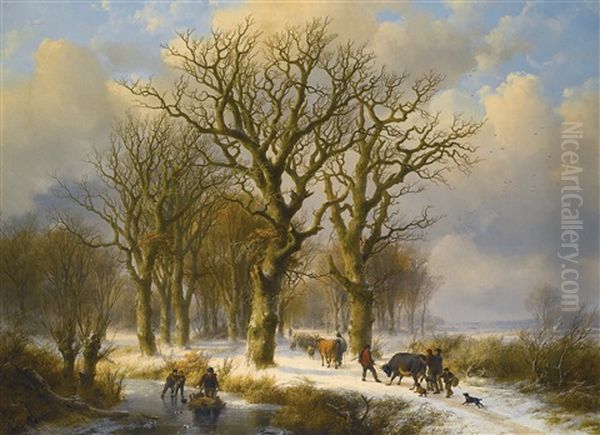 Winter Landscape With Cattle Drivers Oil Painting by Johann Bernard Klombeck