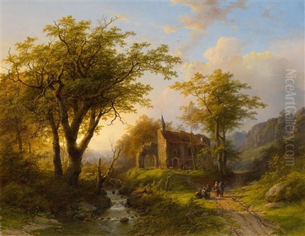 Forest Landscape With Figures And Cattle Near The Duffelward Chapel Oil Painting by Johann Bernard Klombeck