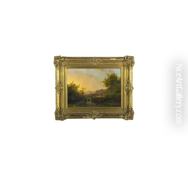 Oil On Panel Mountainous River Landscape With Bridge (framed) Oil Painting by Johann Bernard Klombeck