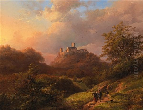 Open Landscape With Walkers And A Castle In The Background Oil Painting by Johann Bernard Klombeck