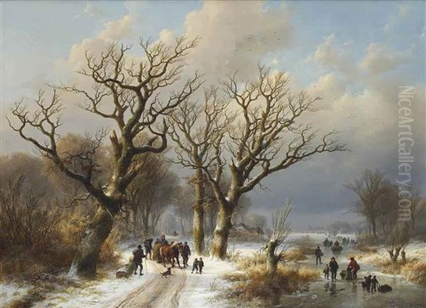 A Winter Landscape With Numerous Figures On The Ice Oil Painting by Johann Bernard Klombeck