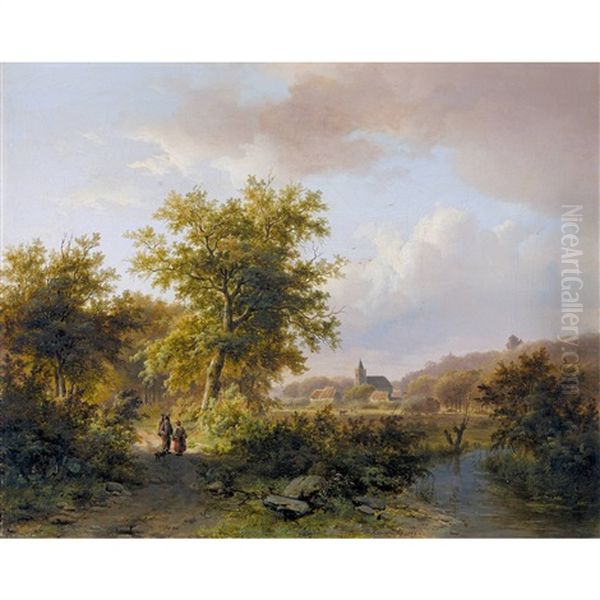 Waldrand Am Niederrhein Mit Bauernpaar Oil Painting by Johann Bernard Klombeck