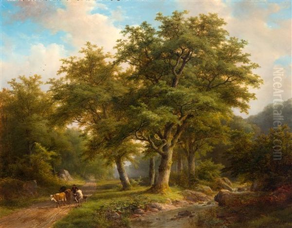 Koeherder Op Landweg Aan De Bosrand Oil Painting by Johann Bernard Klombeck