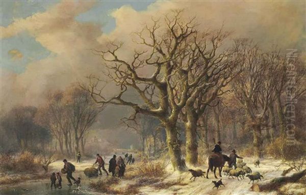 A Frozen Winter Landscape Oil Painting by Johann Bernard Klombeck