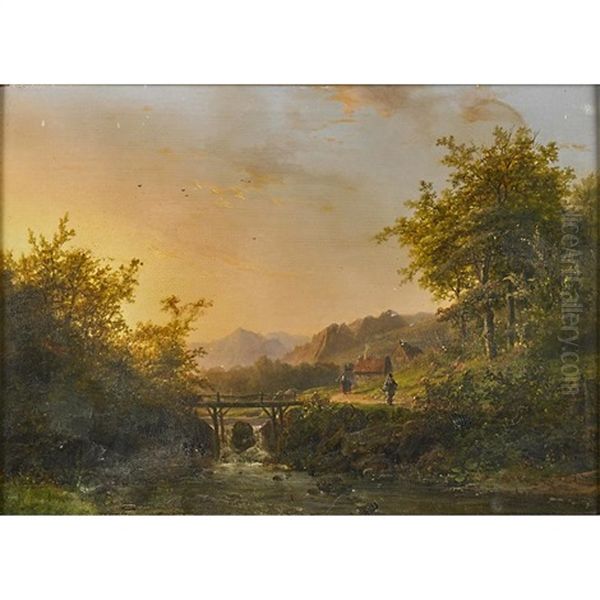 Mountainous River Landscape With Bridge Oil Painting by Johann Bernard Klombeck