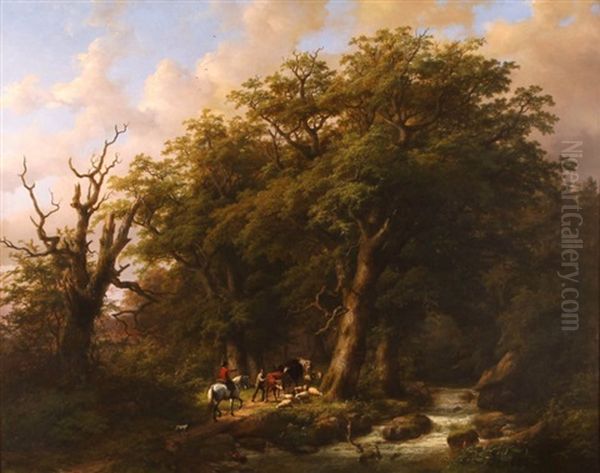 Bebost Rivierlandschap Met Ruiter En Herder Bij Brug Oil Painting by Johann Bernard Klombeck