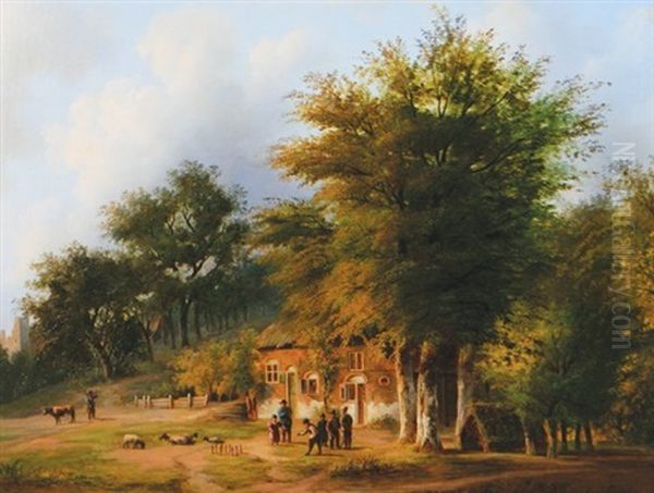 Figures And Sheep Outside A Cottage Oil Painting by Johann Bernard Klombeck