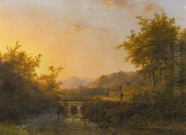 Landscape With Peasants Walking Near A River At Dusk Oil Painting by Johann Bernard Klombeck