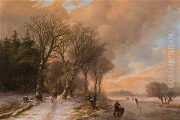 Summer: Cows Drinking From A Stream In A Wooded Landscape (+ Winter: Walkers On A Snow Covered Forest Path And Skaters On The Ice; 2 Works) Oil Painting by Johann Bernard Klombeck