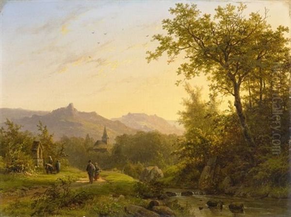 Sommerliche Gebirgslandschaft Mit Wanderern Oil Painting by Johann Bernard Klombeck