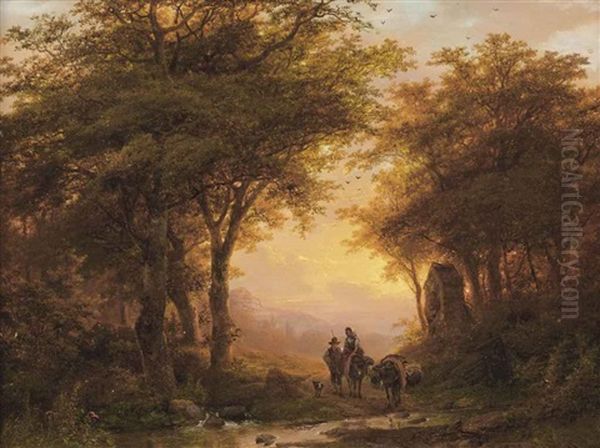 Travelers On A Forest Path Near A Chapel Oil Painting by Johann Bernard Klombeck