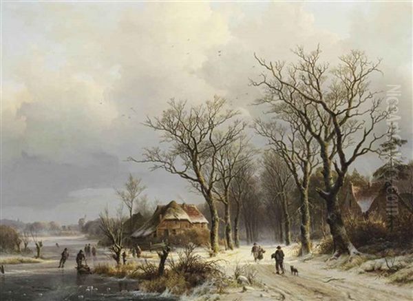 A Wooded Winter Landscape With Travelers On A Snow Covered Path And Skaters On The Ice Oil Painting by Johann Bernard Klombeck