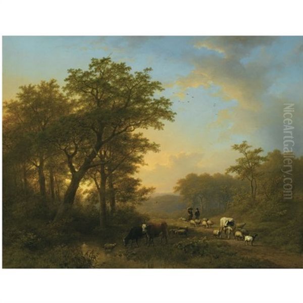 Herdsmen With Cattle On A Path In A Wooded Landscape Oil Painting by Johann Bernard Klombeck