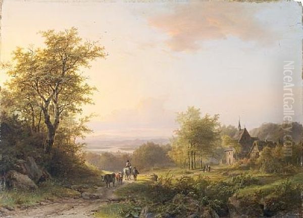 Landscape With Figures On A Country Path, A Church Beyond Oil Painting by Johann Bernard Klombeck