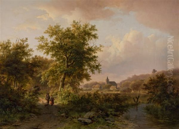 Baumreiche Bachlandschaft Mit Tier- Und Figurenstaffage Und Blick Auf Ein Dorf by Johann Bernard Klombeck