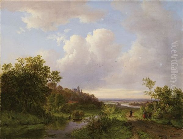 Sommerliche Flusslandschaft Mit Wanderern Oil Painting by Johann Bernard Klombeck