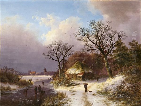 Winterlandschaft Mit Reisigsammler Und Schlittschuhlaufern Oil Painting by Johann Bernard Klombeck