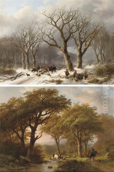 A Snow-covered Woodland Path (+ Drinking From A Stream In Summer; Pair) Oil Painting by Johann Bernard Klombeck