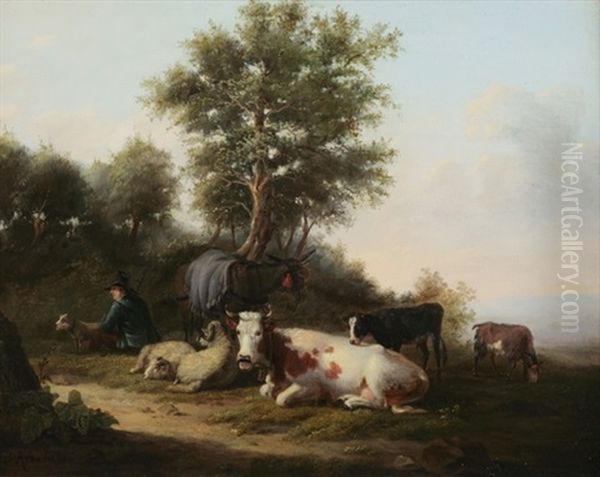 Schafer Mit Seinen Tieren Am Waldrand Oil Painting by Johann Bernard Klombeck