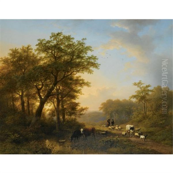 Figures And Cattle In A Landscape (collab. W/eugene Joseph Verboeckhoven) Oil Painting by Johann Bernard Klombeck