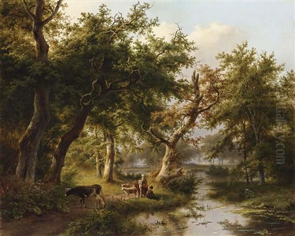 Figures And Cattle In A Sunlit Wooded Landscape (collab. W/eugene Joseph Verboeckhoven) Oil Painting by Johann Bernard Klombeck