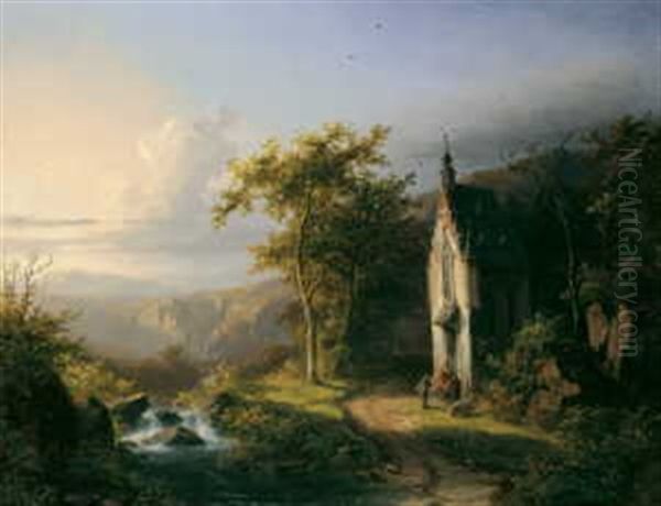 Mittelgebirgslandschaft Mit Einer Kapelle Oil Painting by Johann Bernard Klombeck