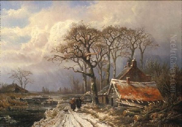 Peasants On A Snow-covered Lane Oil Painting by Johann Bernard Klombeck