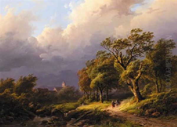 A Forest Landscape With Travellers On A Sandy Track In A Storm Oil Painting by Johann Bernard Klombeck