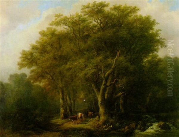 Waldlandschaft Mit Einem Bauernpaar Und Seiner Kuhherde Auf Dem Weg Oil Painting by Johann Bernard Klombeck