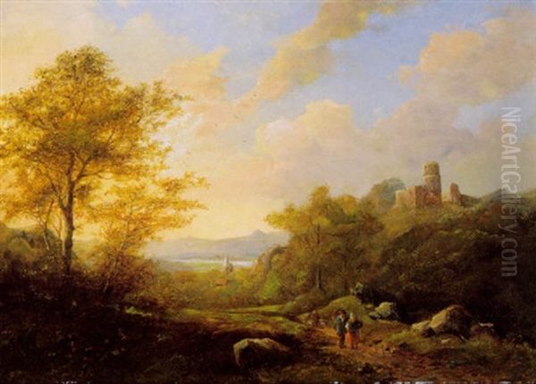 Landschaft Am Flussufer Mit Burgruine Und Figurlicher Staffage Oil Painting by Johann Bernard Klombeck