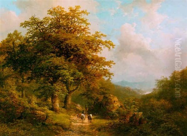 A Peasant With His Cattle In A Hilly, Wooded Landscape Near Cleves Oil Painting by Johann Bernard Klombeck